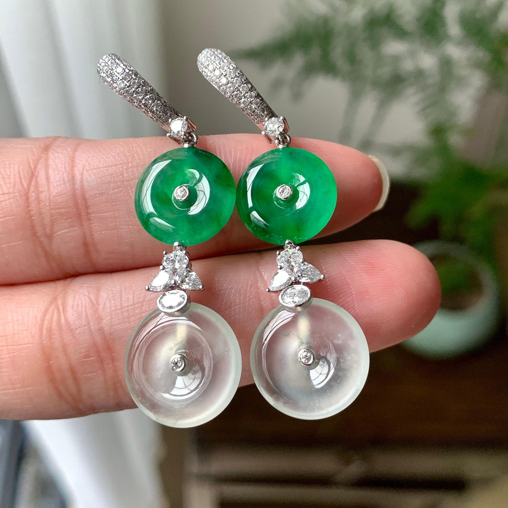 18K金钻镶糯冰种满绿平安扣耳坠（yc253819）