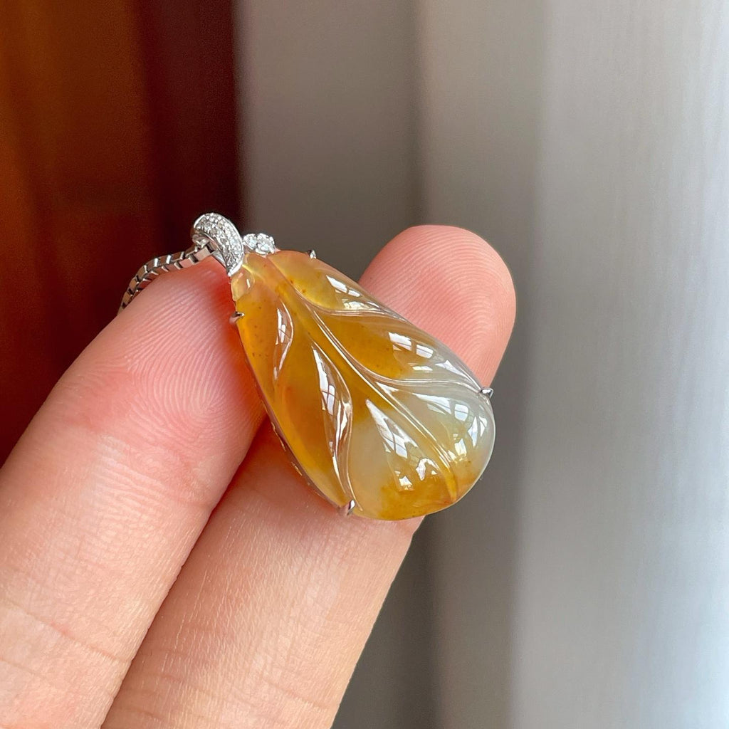 18k金镶糯冰黄翡翡翠叶子（yc247176）