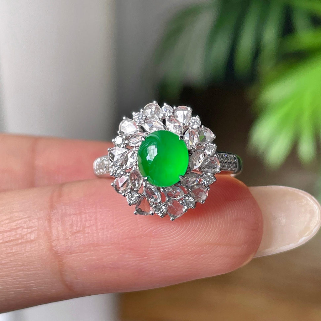 18k金钻镶冰种满绿蛋面戒指         天然缅甸A货翡翠（yc414010）
