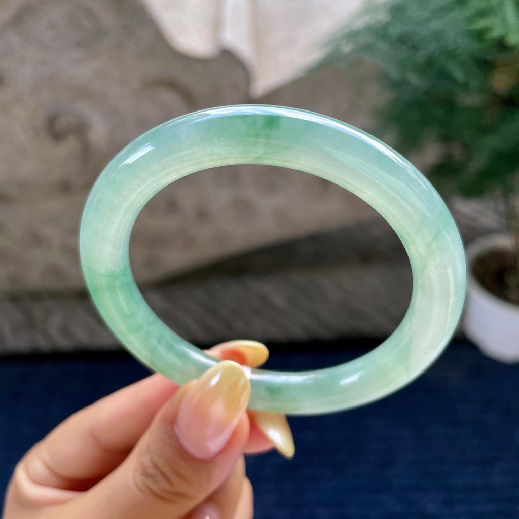 糯冰种晴底飘花圆条手镯53.9圈 天然缅甸A货翡翠（yc483945）