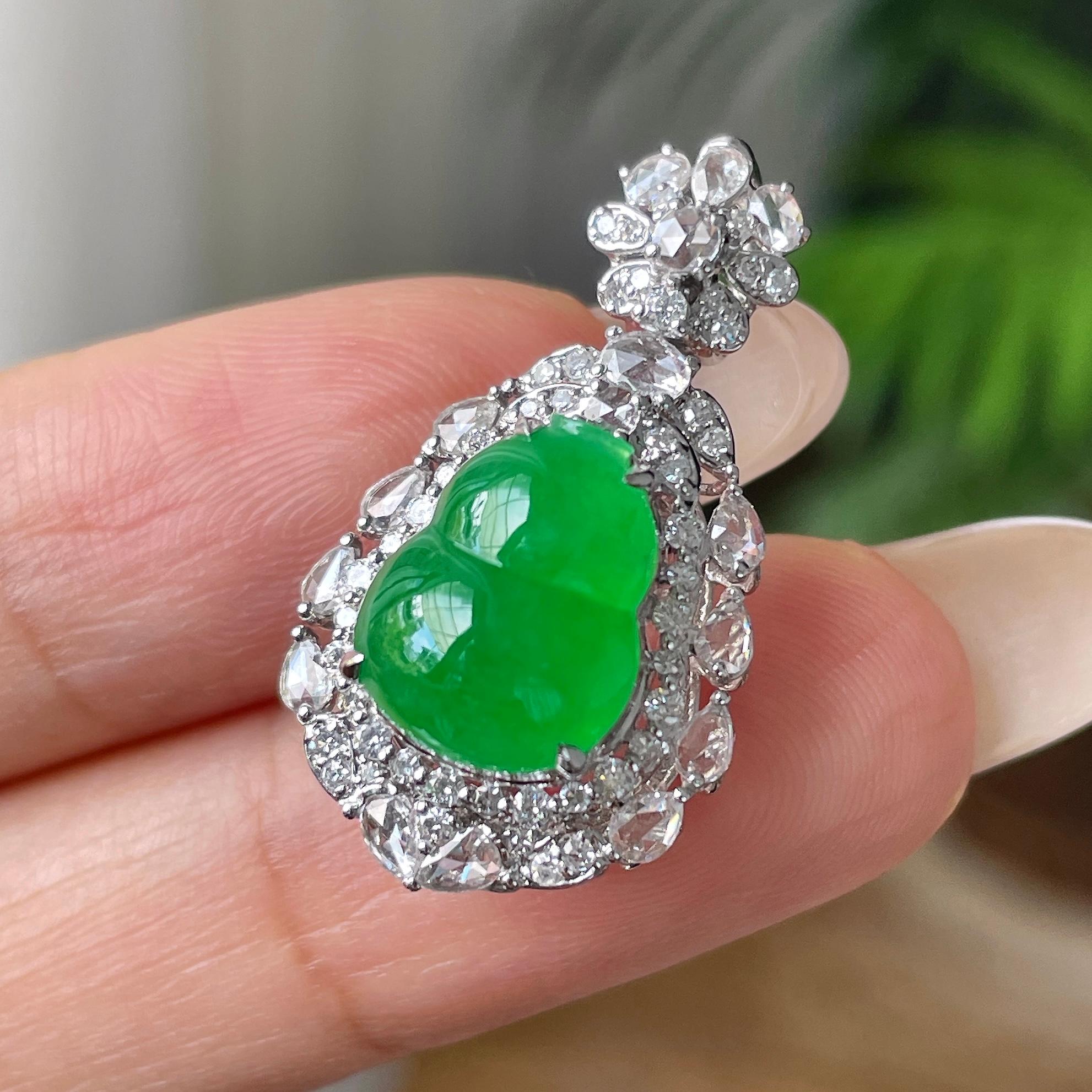 18k金钻镶冰种满绿葫芦吊坠       天然缅甸A货翡翠（yc415654）