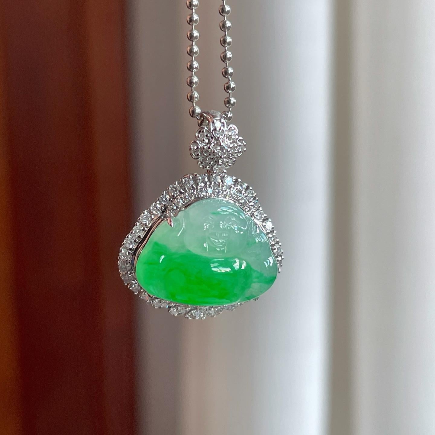 18k金钻镶糯冰带色翡翠佛公（yc255716）