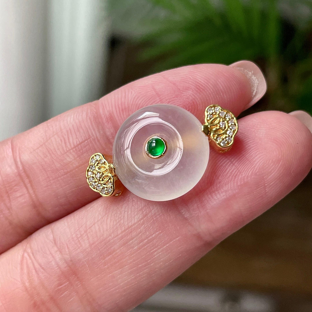 18K金钻镶糯冰种无色平安扣吊坠 天然缅甸A货翡翠（yc484871）