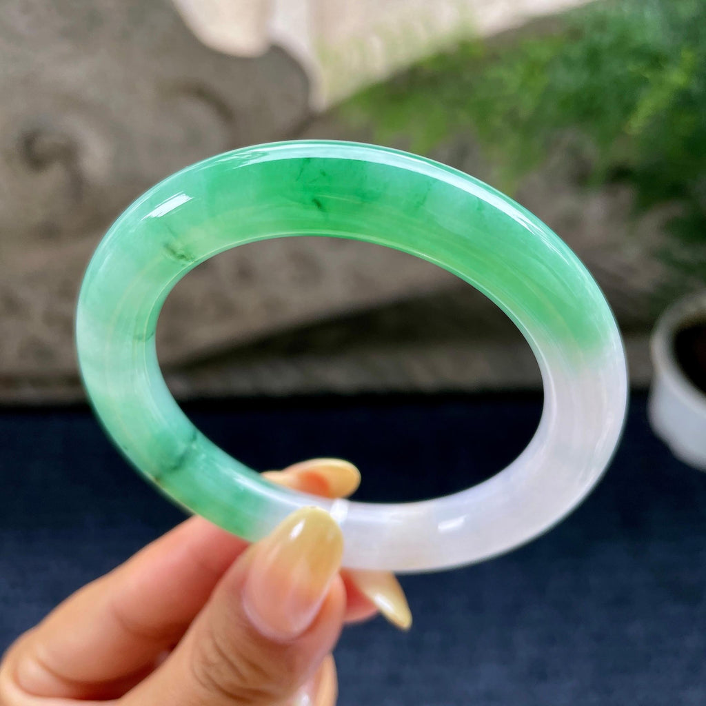 小圈口 糯冰种翠绿圆条手镯53.3圈 天然缅甸A货翡翠（yc489326）