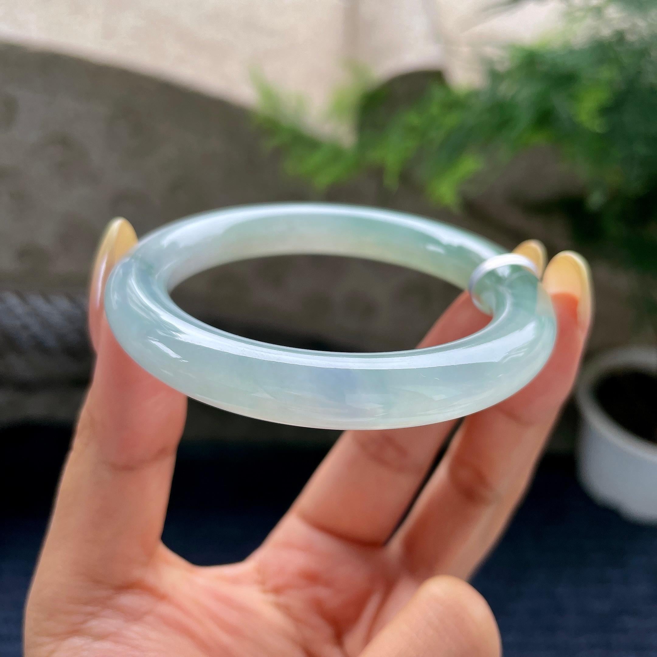 小圈口 糯冰种晴底圆条手镯52.8圈 天然缅甸A货翡翠（yc489136）