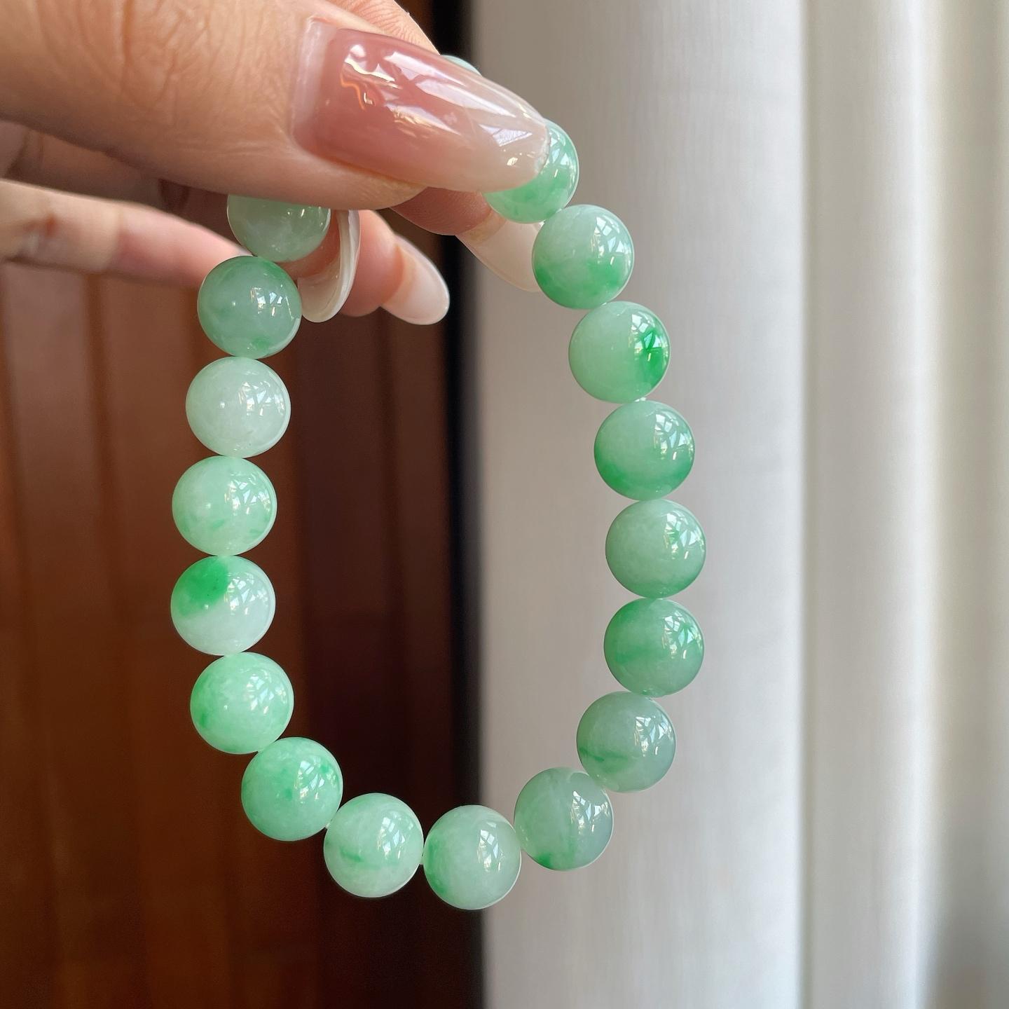 糯冰种飘绿花翡翠珠串手串（yc266574）