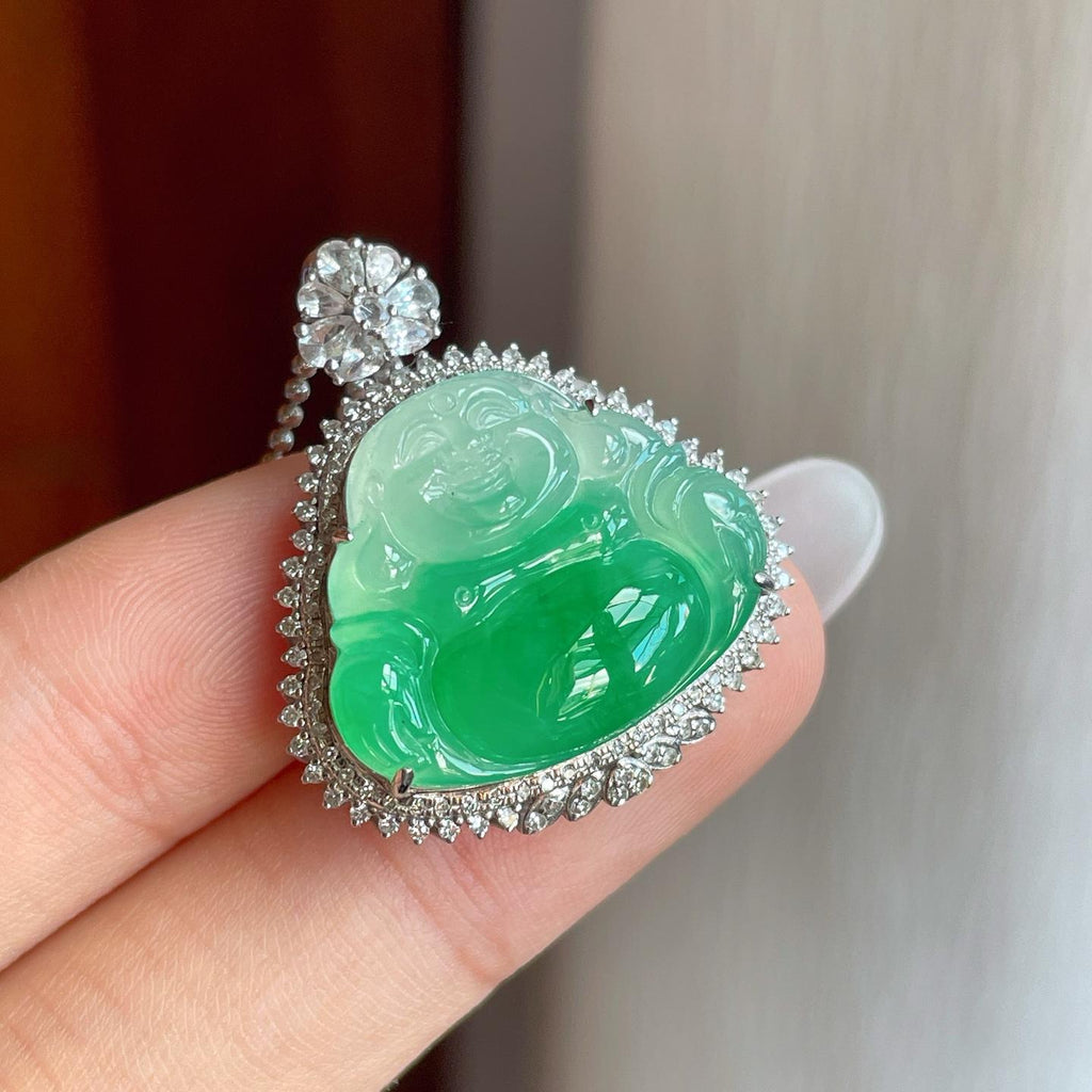 18k金钻镶糯冰带色翡翠佛公（yc257847）