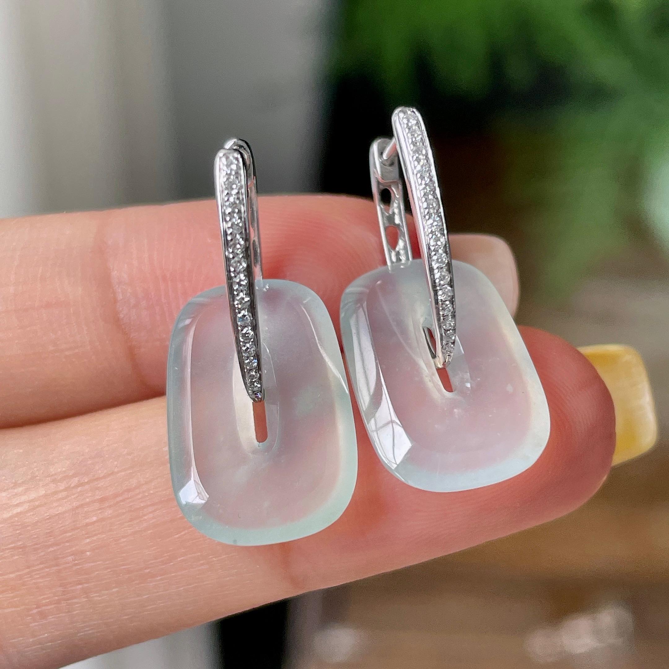 18k金钻镶冰种无色方糖耳坠   天然缅甸A货翡翠（yc362064）