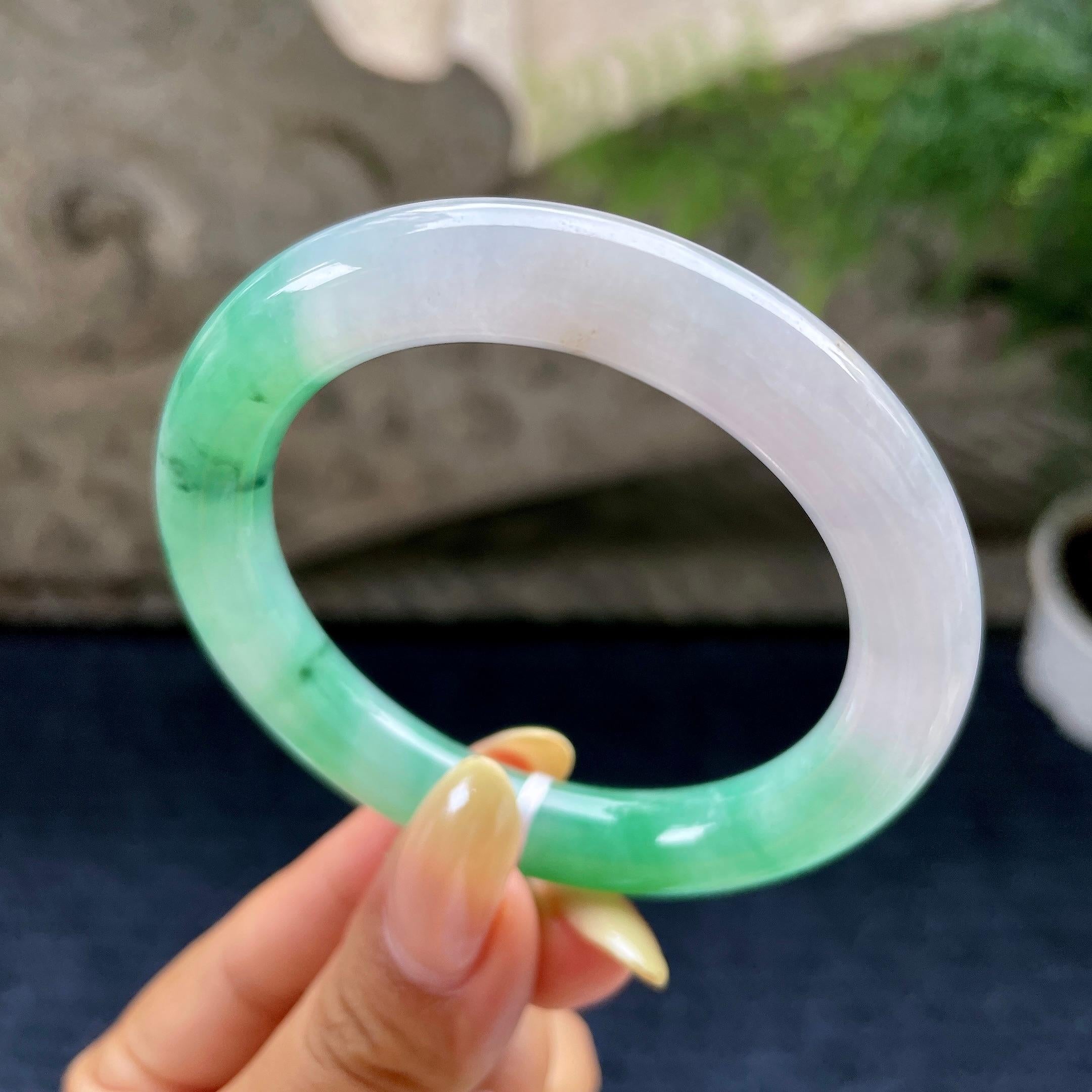 小圈口 糯冰种翠绿圆条手镯53.3圈 天然缅甸A货翡翠（yc489326）