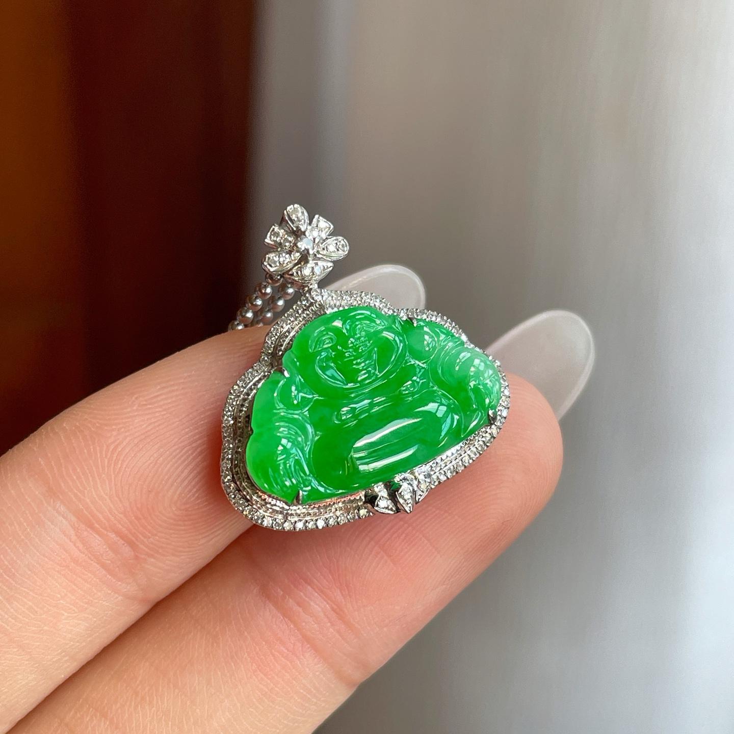 18k金钻镶糯冰满绿翡翠佛公（yc257843）