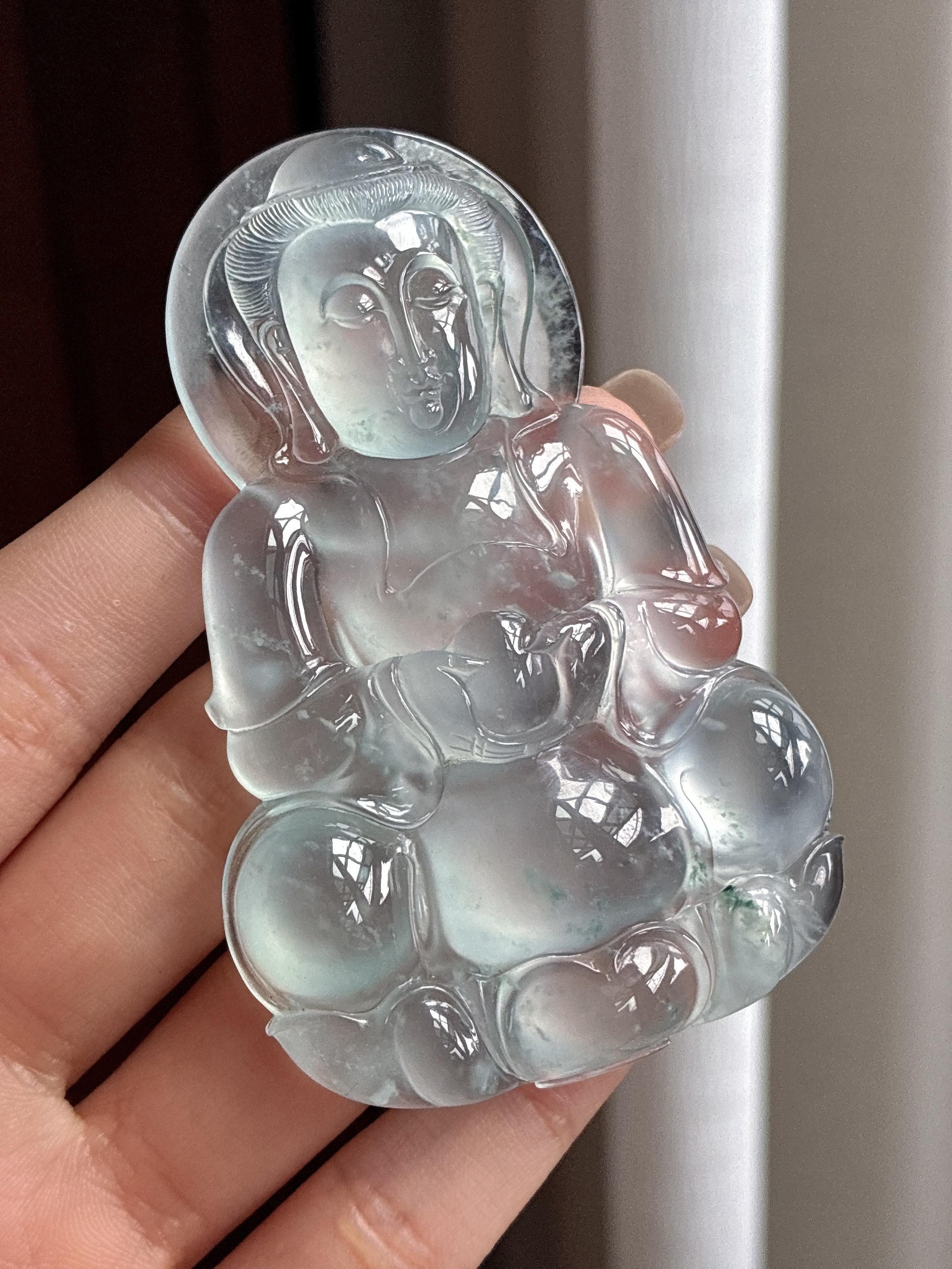 冰玻种雪花棉观音挂件 天然缅甸A货翡翠（yc466349）