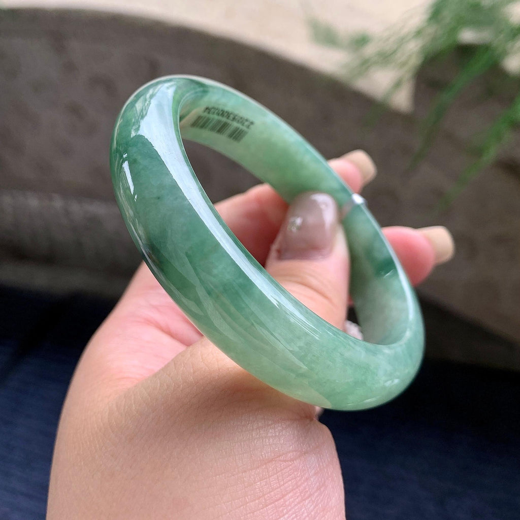 细糯种油青底飘蓝花正圈平安镯 57.5圈口 天然缅甸A货翡翠（yc464051）