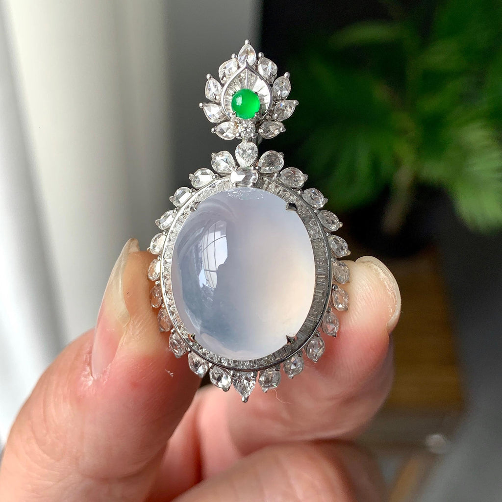 18K金钻镶糯冰种无色蛋面吊坠（yc255601）