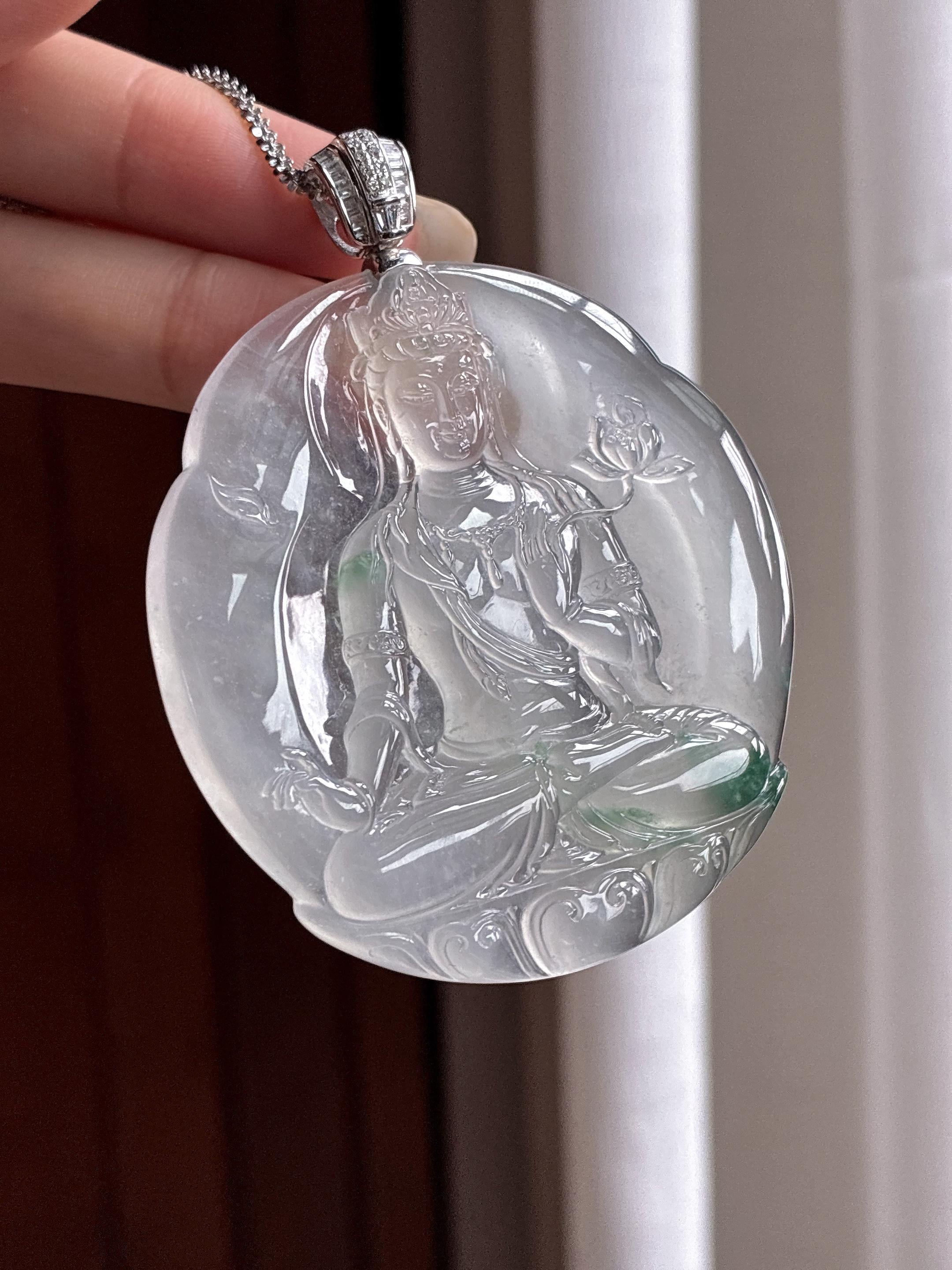 18k金扣头冰玻种飘花观音挂件 天然缅甸A货翡翠（yc466350）