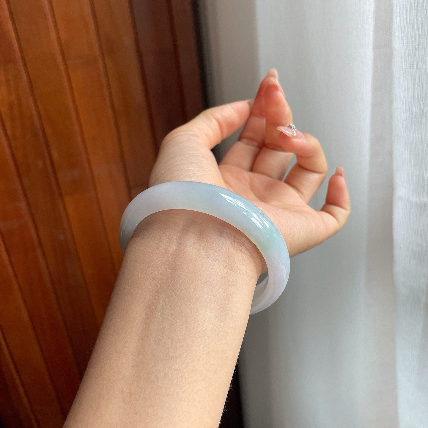 糯冰种飘花翡翠平安镯（57mm）