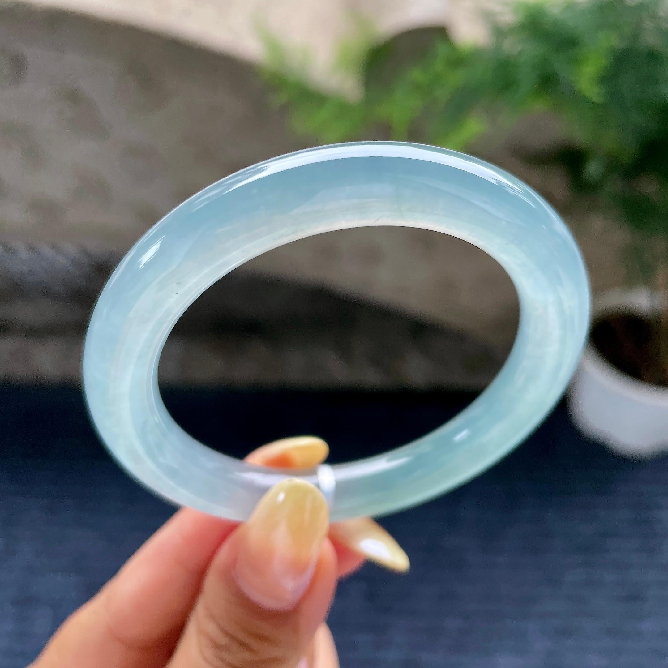 小圈口 冰种蓝水圆条手镯52.2圈 天然缅甸A货翡翠（yc489135）