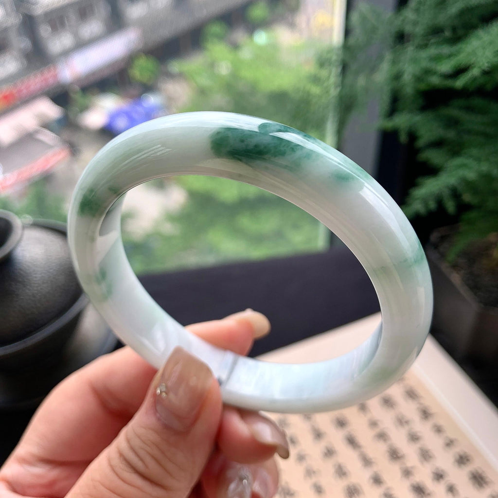 大圈口 细糯种飘绿花正圈平安镯 59圈口 天然缅甸A货翡翠（yc477608）