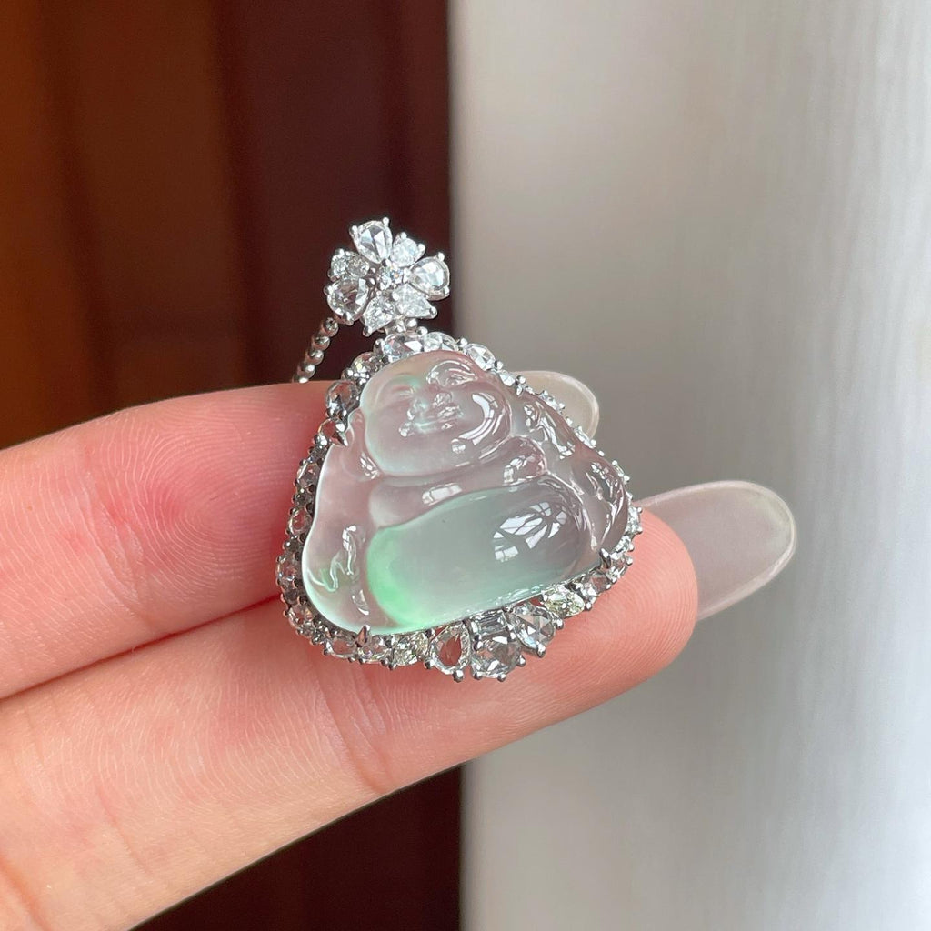 18k金钻镶冰玻种飘花翡翠佛公（yc263553）