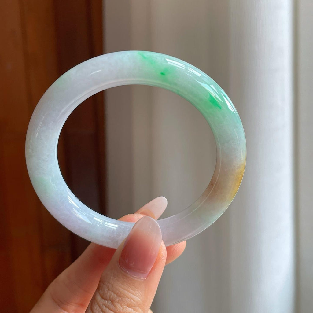 糯冰黄加绿翡翠圆条手镯（53.2mm）（yc310619）