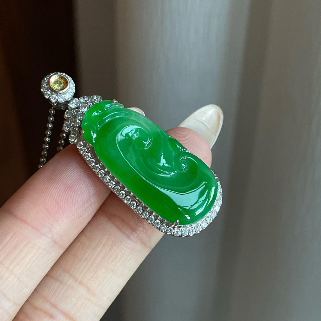 18k金钻镶糯冰种满绿翡翠如意（yc266562）