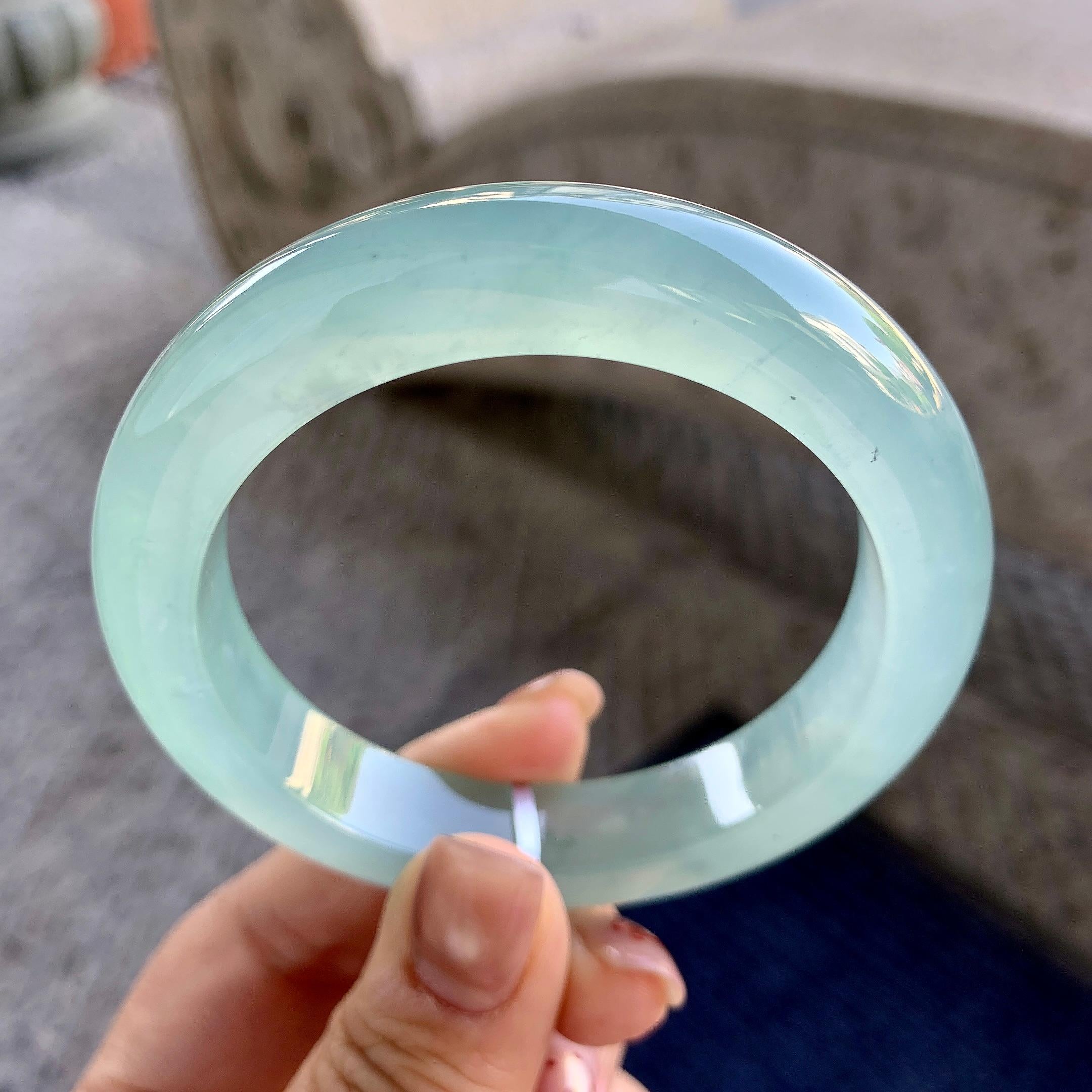 冰种淡蓝底正圈平安镯 57圈口 天然缅甸A货翡翠（yc352081）