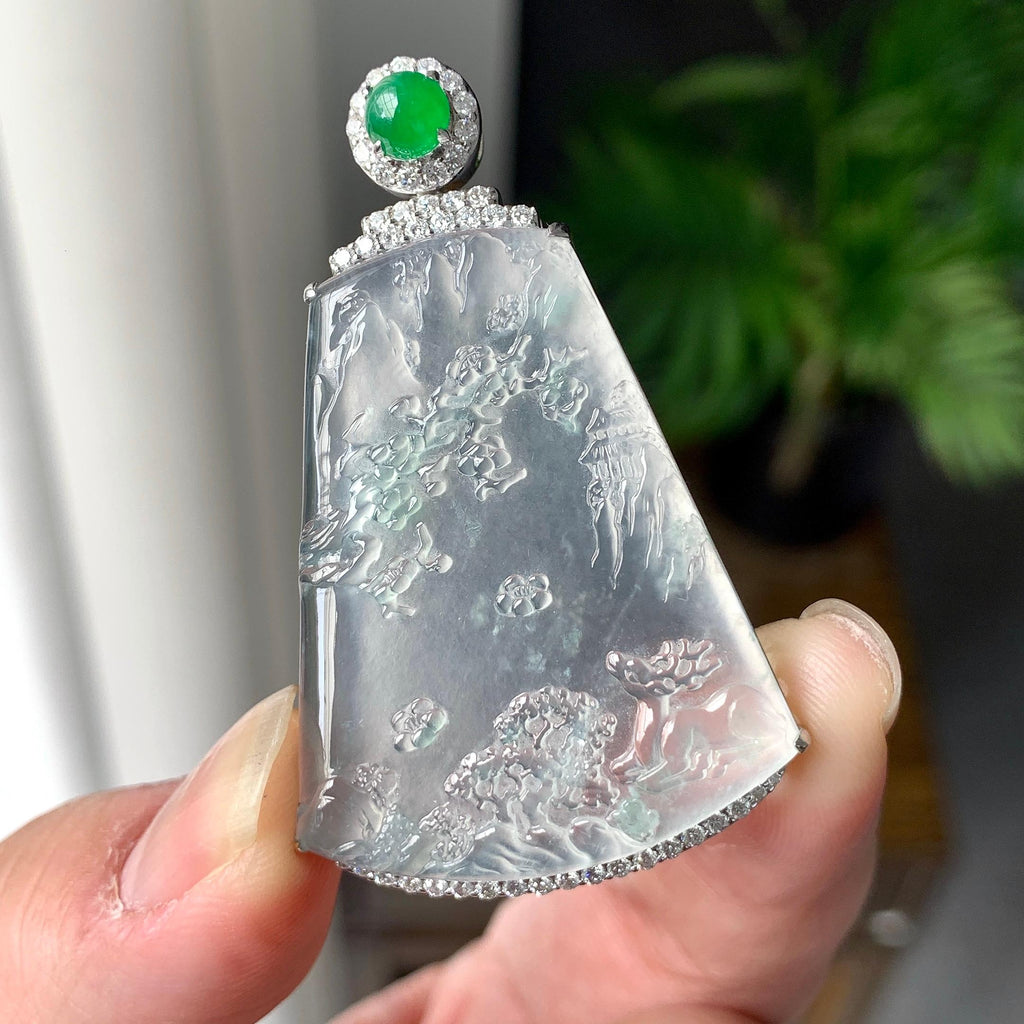 18K金钻镶冰种山水牌吊坠（yc255621）