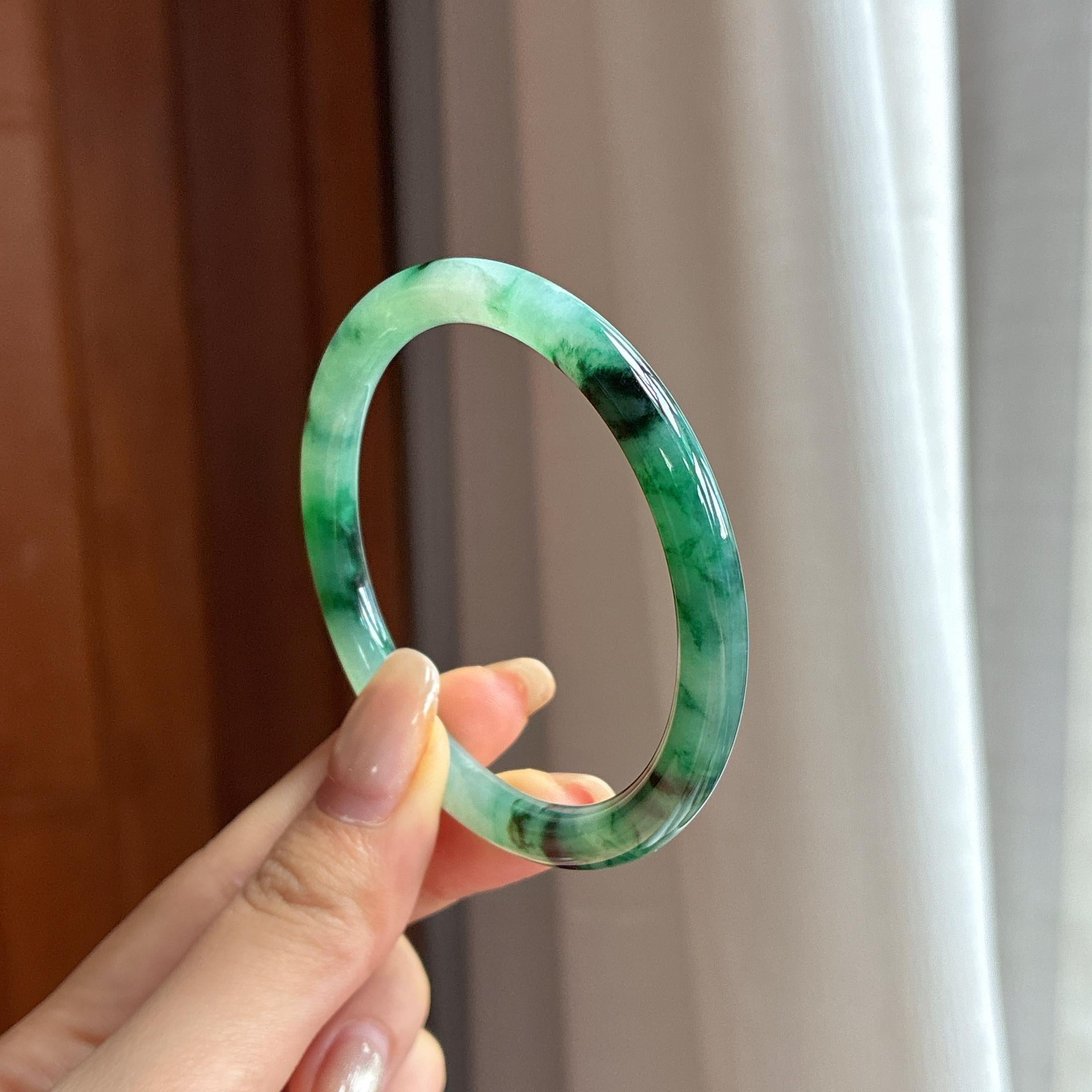 细糯种飘花圆条手镯 53圈 天然缅甸A货翡翠（yc452693）