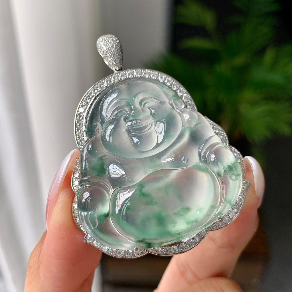 18k金钻镶冰种飘花佛公挂件（yc182089）