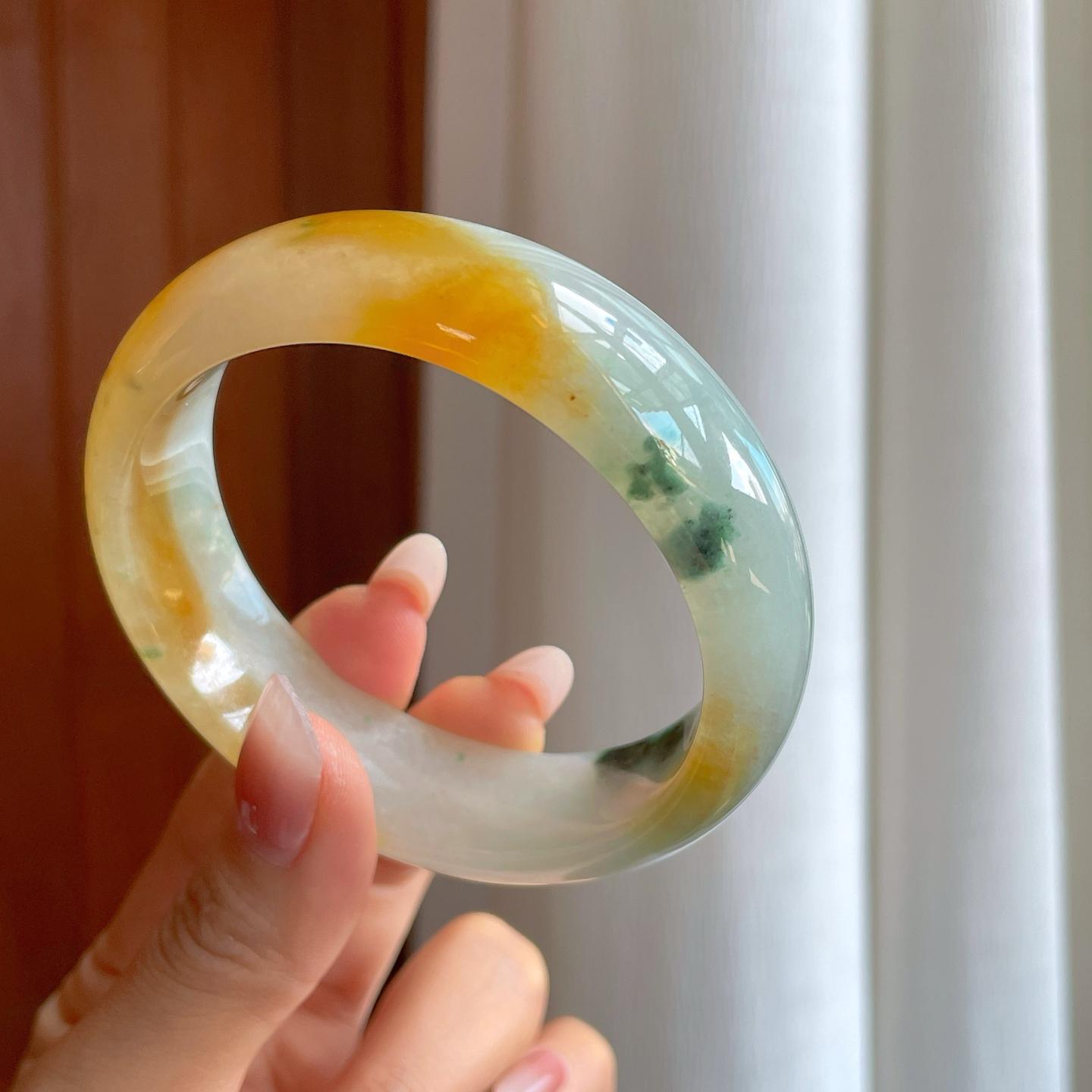 冰种黄翡飘花宽版特色平安镯（60.6mm）（yc310756）