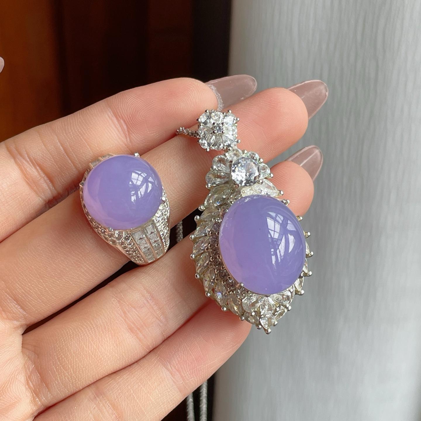 铜托冰种紫罗兰翡翠蛋面一套（yc186006）