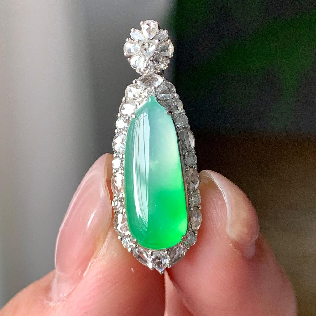18K金钻镶糯冰种飘阳绿福瓜吊坠 天然缅甸A货翡翠（yc355289）