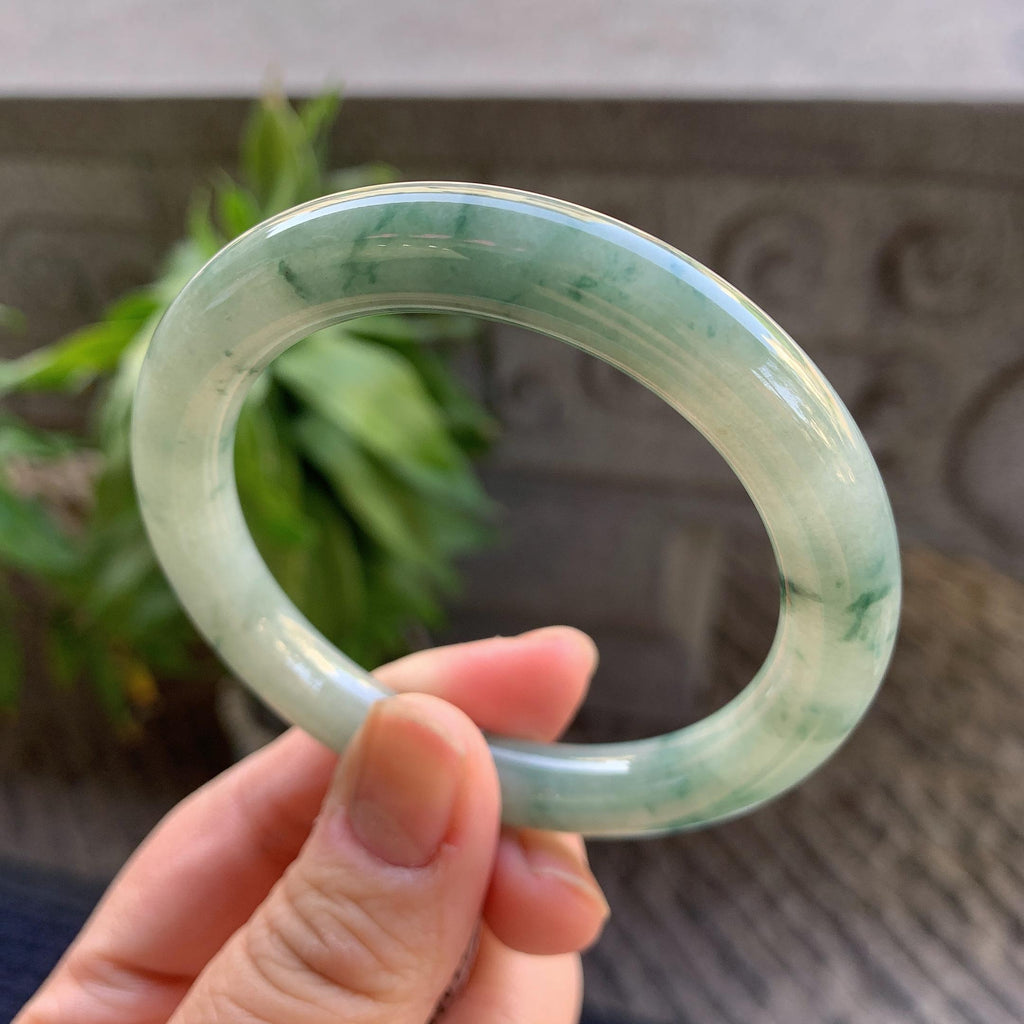 小圈口 细糯种飘绿花圆条手镯53圈口 天然缅甸A货翡翠（yc330300）