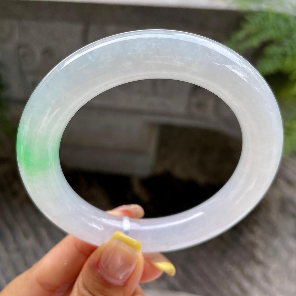 大圈口    糯冰种飘绿圆条手镯59.9圈      天然缅甸A货翡翠（yc390014）