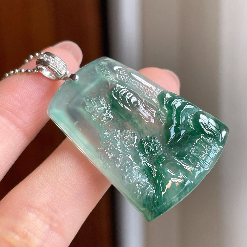 18k金扣头冰种飘花翡翠山水牌（yc342513）
