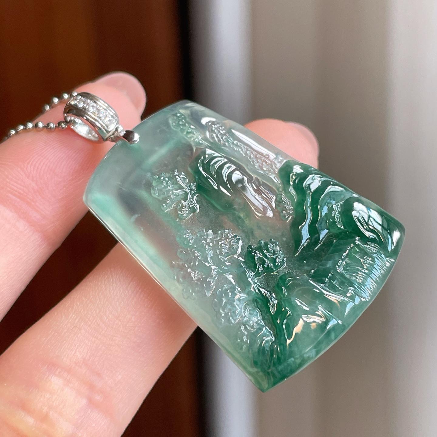 18k金扣头冰种飘花翡翠山水牌（yc342513）