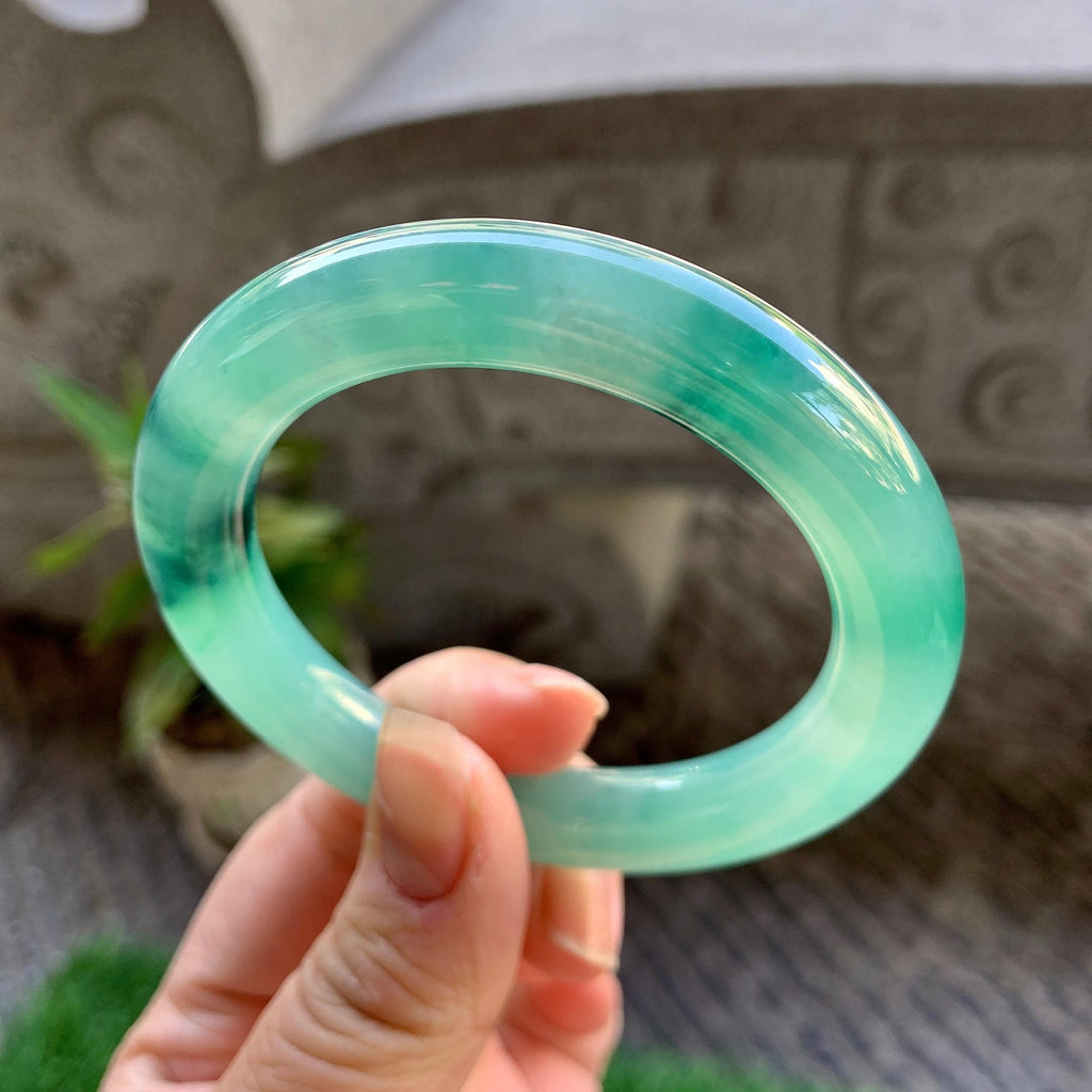 糯冰种蓝底飘花圆条手镯（54mm）（yc307306）