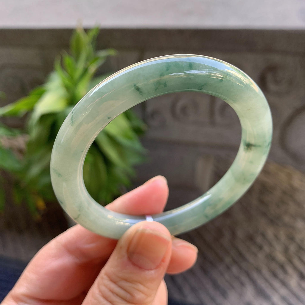 小圈口 细糯种飘绿花圆条手镯53圈口 天然缅甸A货翡翠（yc330300）