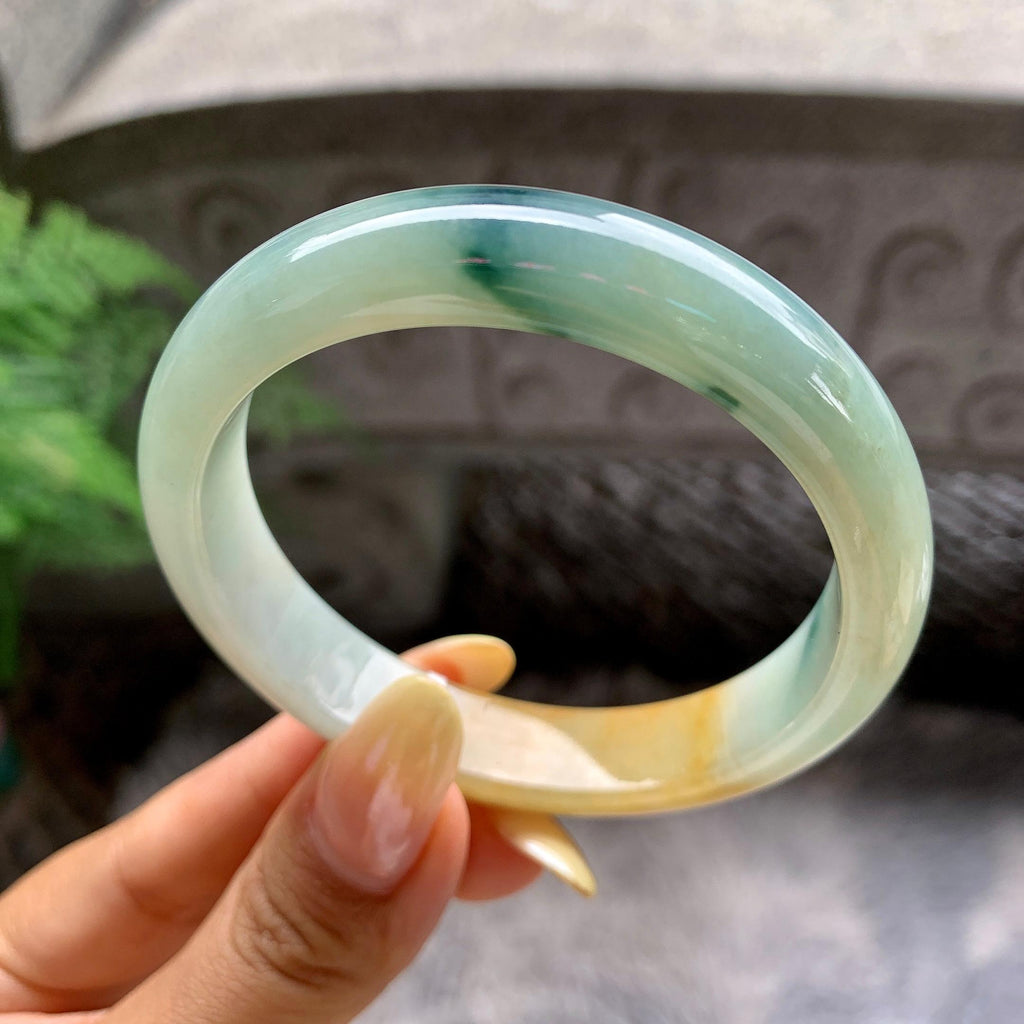 细糯种黄翡飘花正圈平安镯55圈 天然缅甸A货翡翠（yc481904）