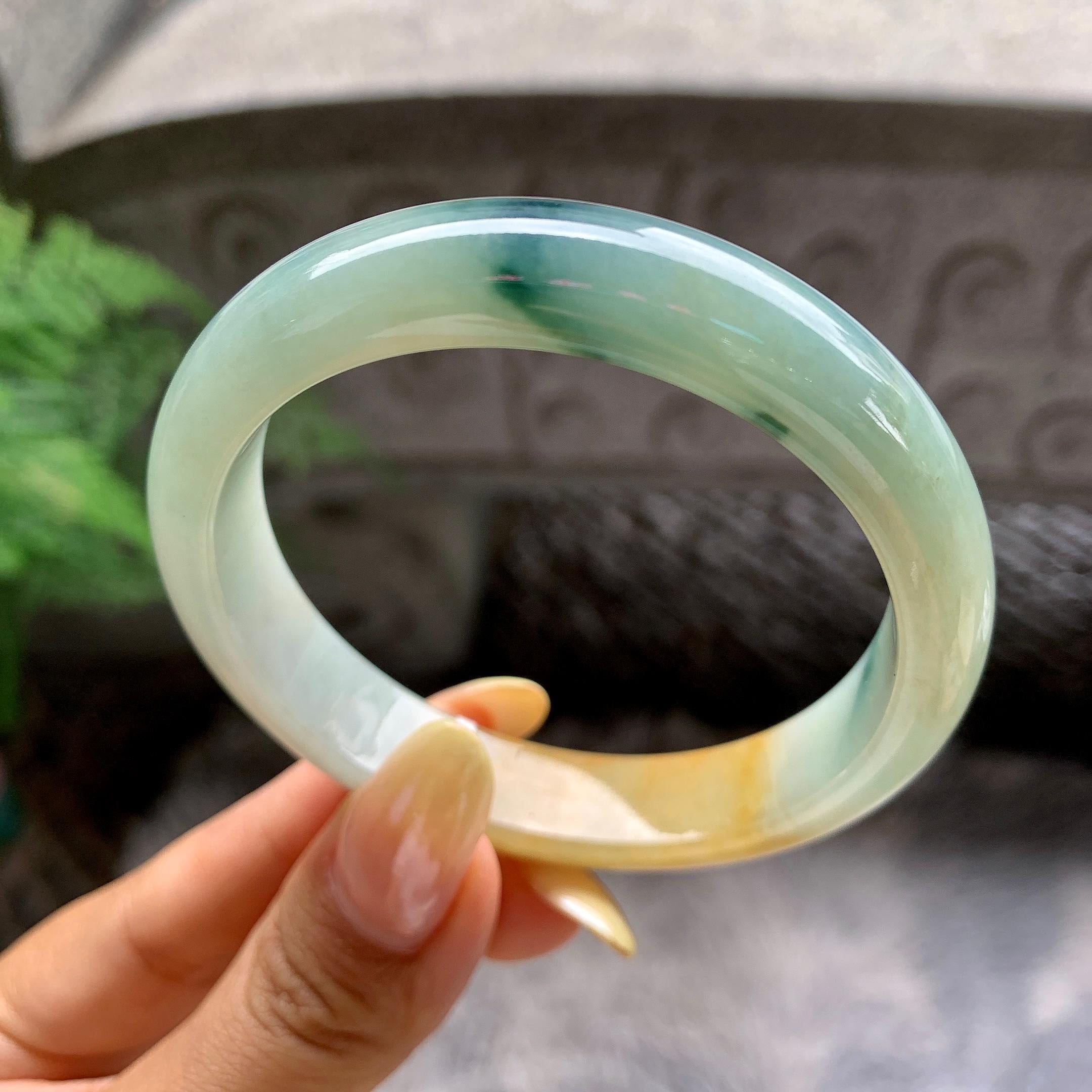 细糯种黄翡飘花正圈平安镯55圈 天然缅甸A货翡翠（yc481904）