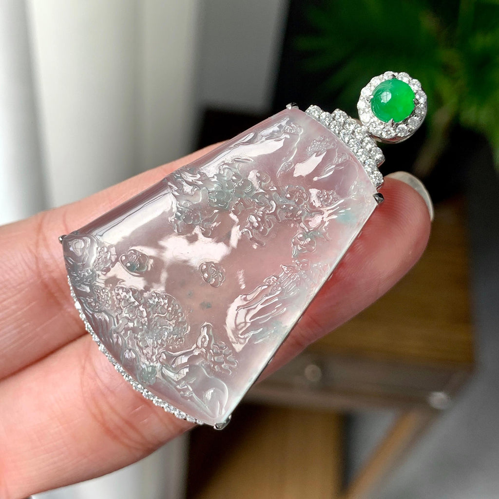 18K金钻镶冰种山水牌吊坠（yc255621）