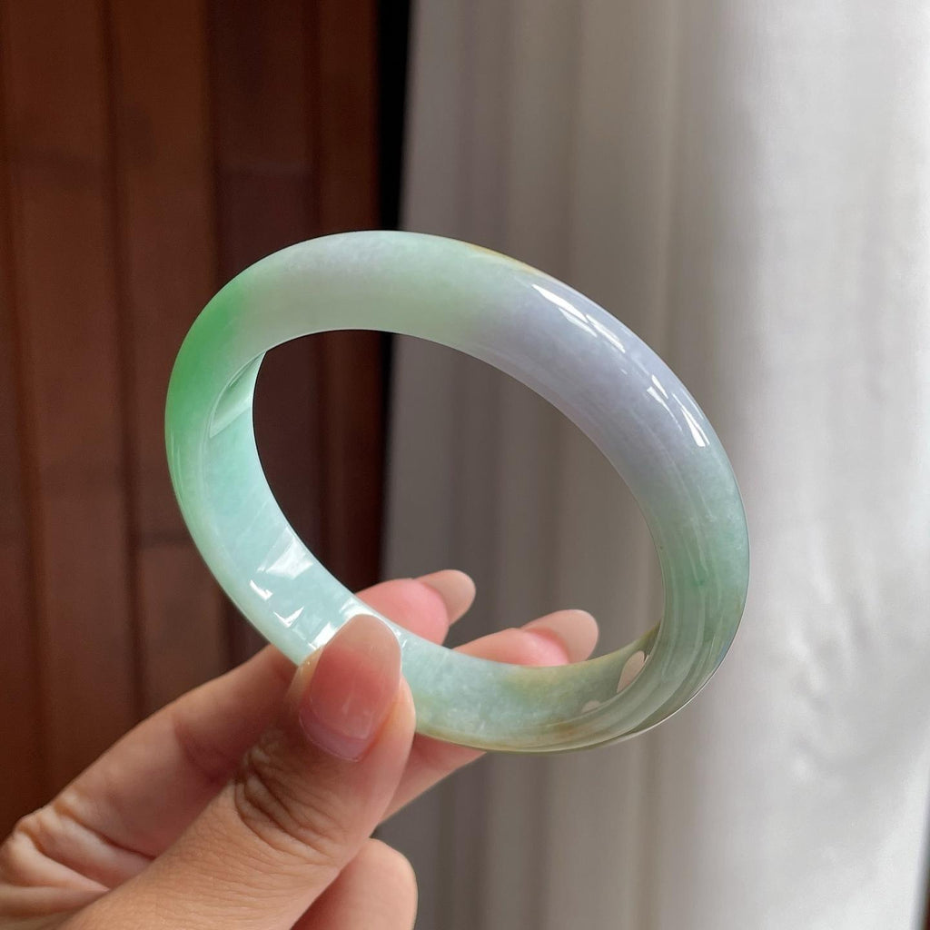 细糯冰带色特色正圈平安镯 53圈 天然缅甸A货翡翠（yc693814）