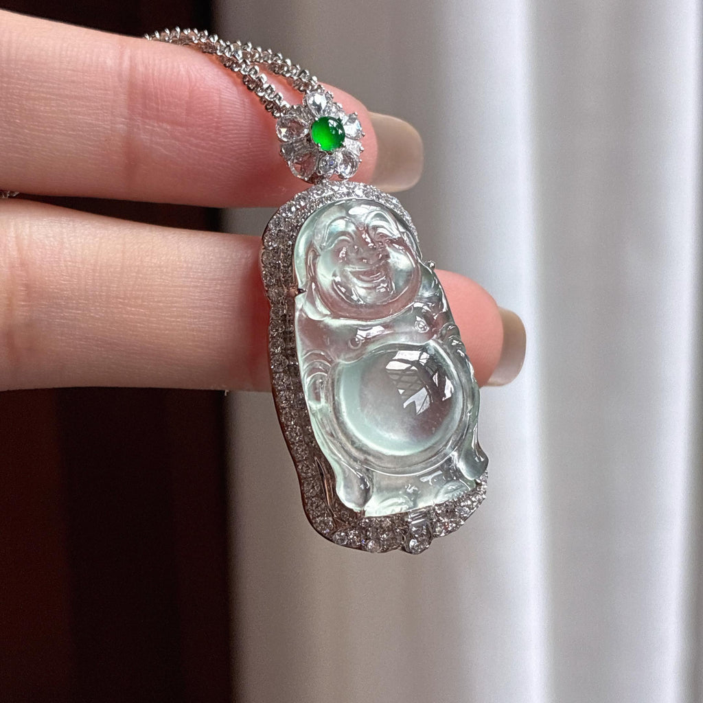 18k金镶冰玻种晴底站佛 天然缅甸A货翡翠（yc454922）
