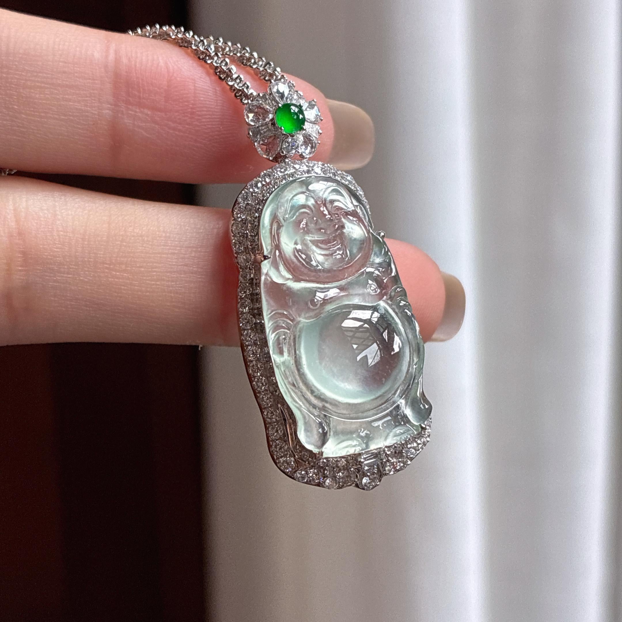 18k金镶冰玻种晴底站佛 天然缅甸A货翡翠（yc454922）