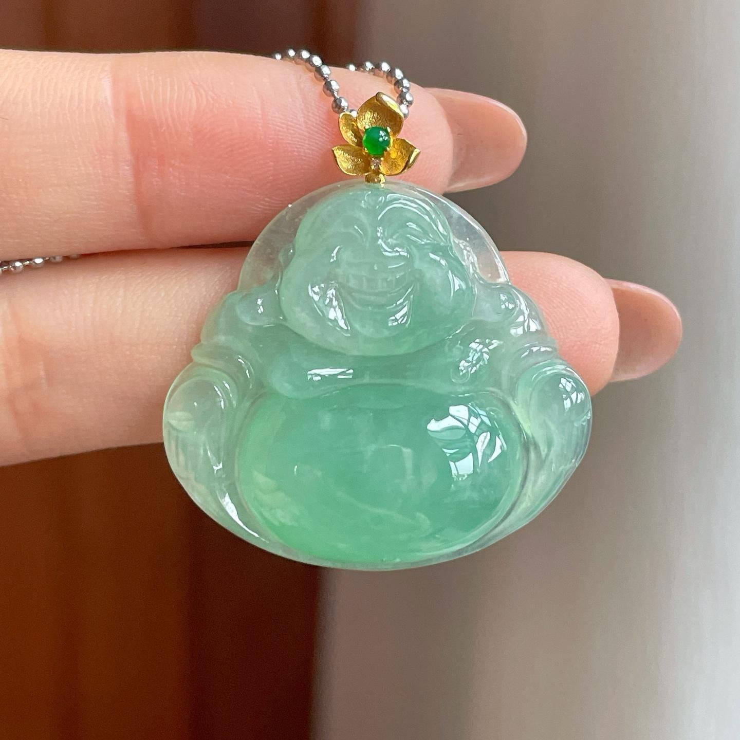 18k金扣头冰种果绿翡翠佛公（yc349838）