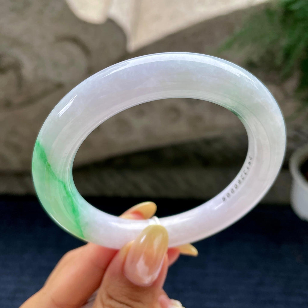 细糯种淡紫底飘翠绿圆条手镯56.2圈 天然缅甸A货翡翠（yc460683）