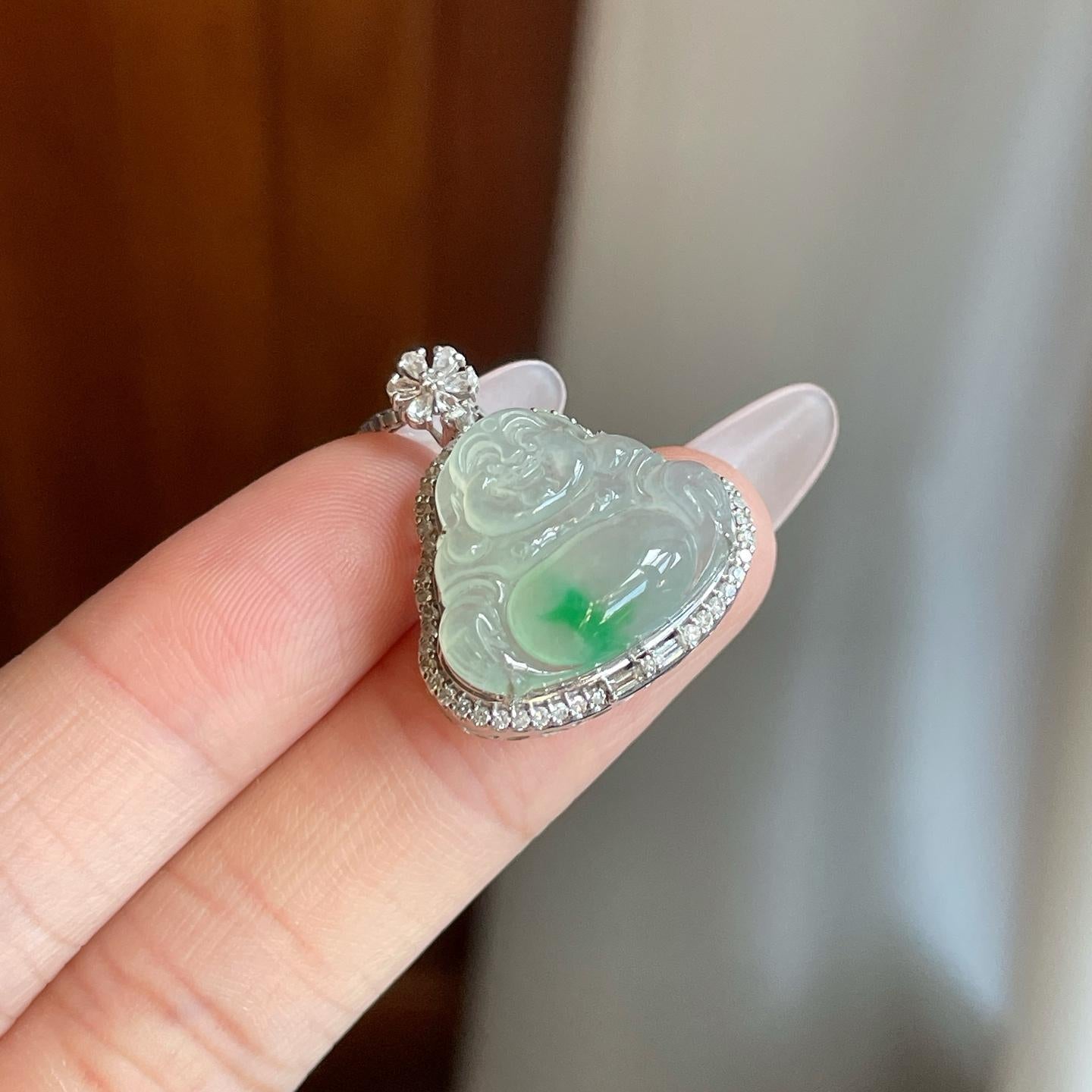 18k金钻镶冰种飘花翡翠佛公（yc269032）