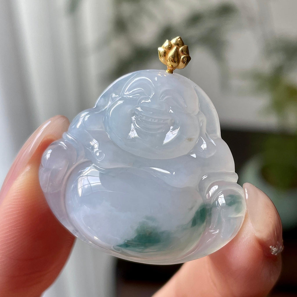 18k金镶细糯种飘蓝花佛公吊坠   天然缅甸A货翡翠（yc333347）