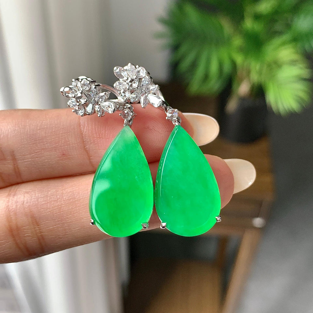 18k金钻镶糯冰种满绿水滴耳坠（yc253841）