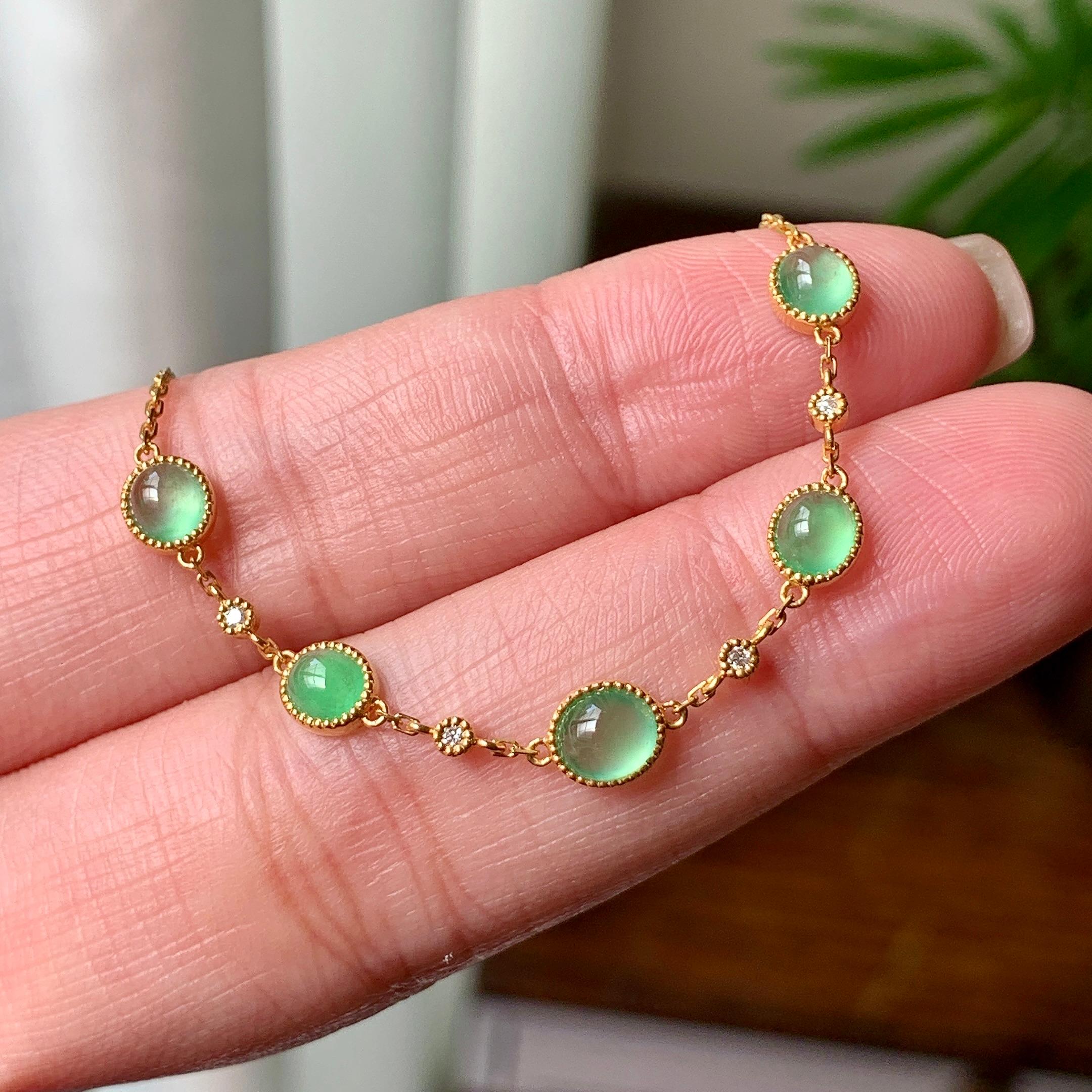 18K金钻镶糯冰种晴水蛋面手链  天然缅甸A货翡翠（yc362105）