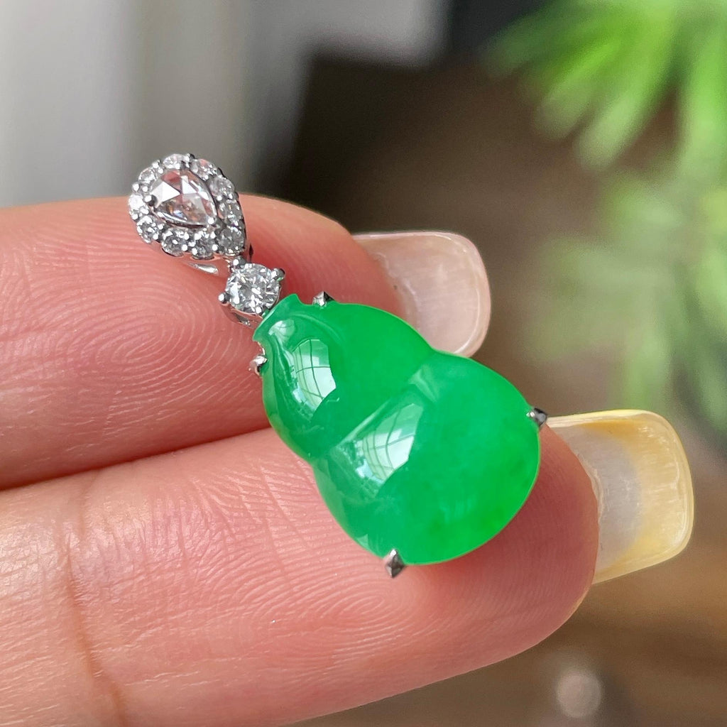 18k金钻镶糯冰种阳绿葫芦吊坠      天然缅甸A货翡翠（yc380839）